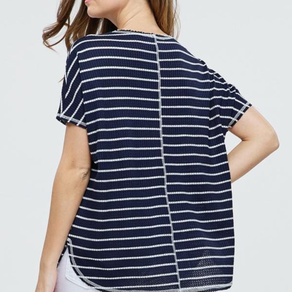 NWT!! Navy & White Striped V-Neck Waffle Knit Top - Picture 3 of 5